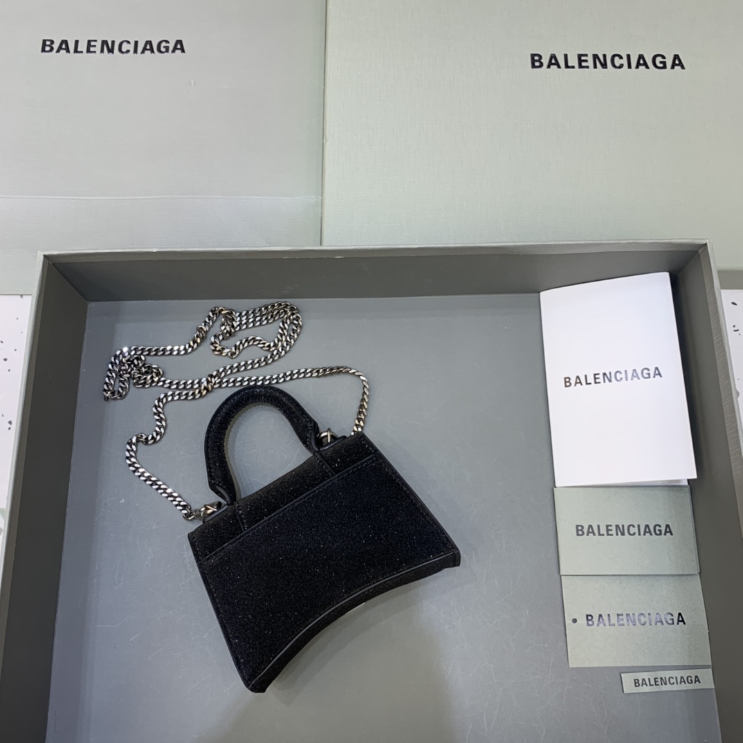 Balenciaga Hourglass Mini Handbag With Chain Calfskin Shoulder Bag Black